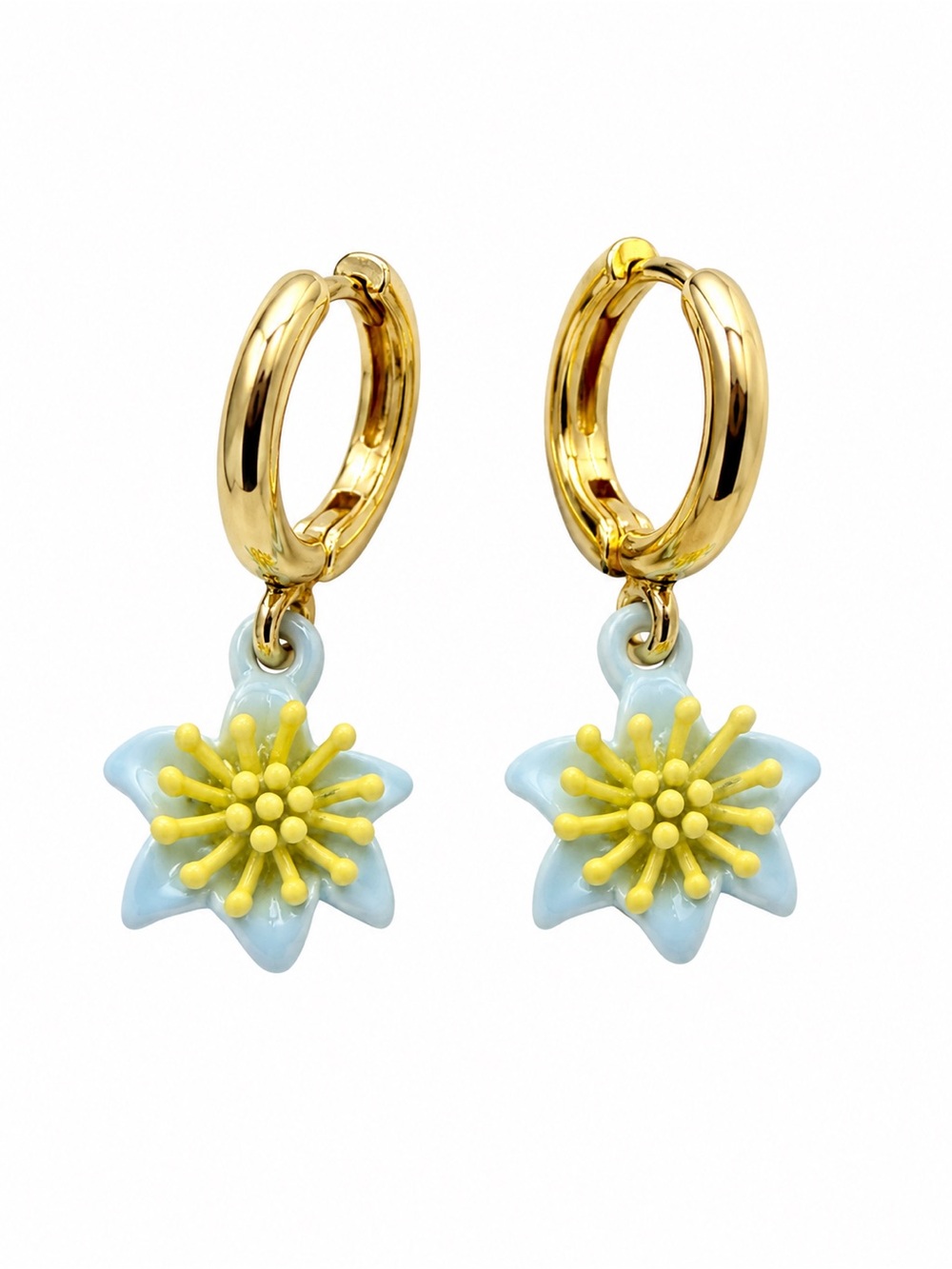 Vintage Gold Hoop Earrings with Light Blue & Yellow Flower Charms